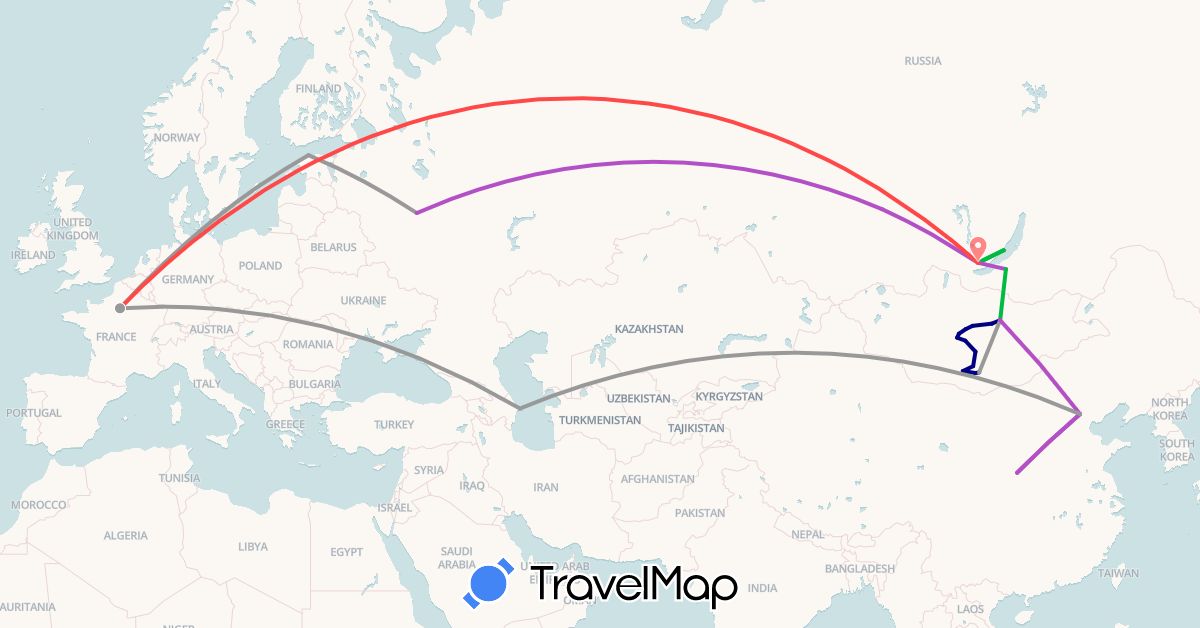 TravelMap itinerary: driving, bus, plane, train, hiking in Azerbaijan, China, Estonia, France, Mongolia, Russia (Asia, Europe)